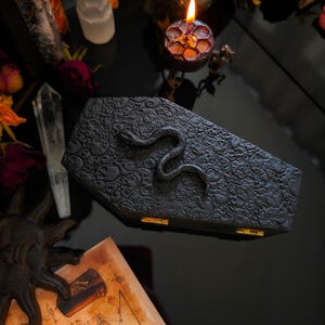 May include: A black coffin-shaped box with a raised snake design, surrounded by crystals, a lit candle, and dried flowers. The box has a textured surface and gold-colored hinges. The scene is set on a reflective black surface.
