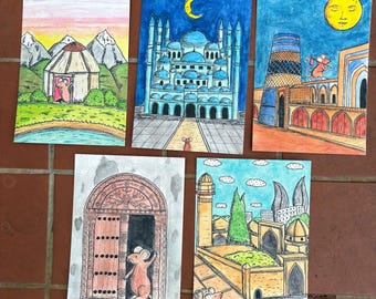 Set of Five A5 Travelling Mouse Art Prints from Hand-Drawn Watercolor Illustrations