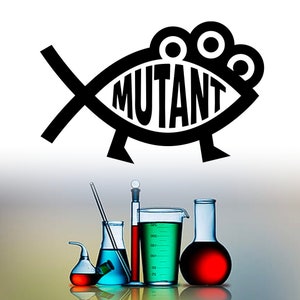 May include: A black and white illustration of a fish with three eyes and the word "MUTANT" written inside. The fish is standing on two legs. Below the fish are five glass beakers and flasks filled with red, green, and blue liquids.