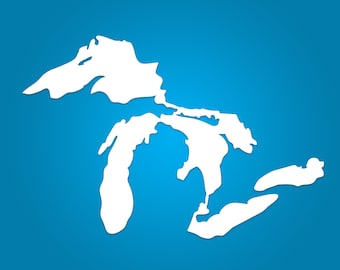 May include: A white outline of the Great Lakes on a blue background.