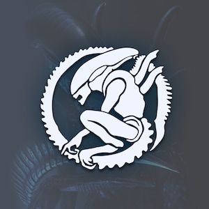 May include: A white silhouette of an alien creature in a crouched position, with a circular gear-like design behind it. The alien has a large head with a pointed jaw and a long, thin tail.