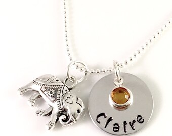 Personalized elephant necklace  name necklace  Swarovski birthstone, hand stamped name  gift for her   birthstone jewelry  elephant jewelry