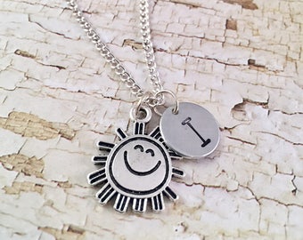 You are my Sunshine necklace, personalized initial charm necklace, Sunshine charm necklace, little girl jewelry, Sun charm, Smiling Sun