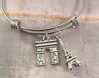 Pulsera de la torre Eiffel, pulsera de encanto, pulsera de París, Arc de Triomphe, joyería personalizada, moda francesa, encantos de París, regalo para ella