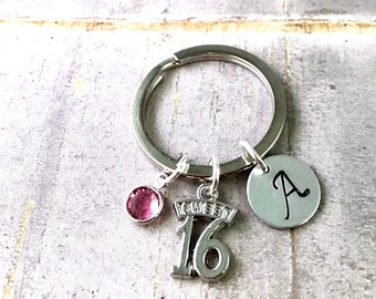 Sweet 16 Keychain, Number 16 keychain, 16 charm, Birthday gift for her, New driver keychain for her, initial keychain