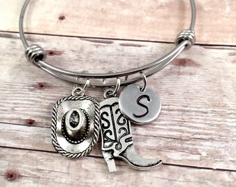 Country bracelet, Charm Bracelet, Country girl gift, cowboy Charm Bracelet, initial bracelet, adjustable bangle, stainless steel bracelet