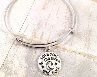 To the moon bangle, charm bracelet, Adjustable bangle bracelet, Love you to the moon bracelet, stainless steel bracelet, for her