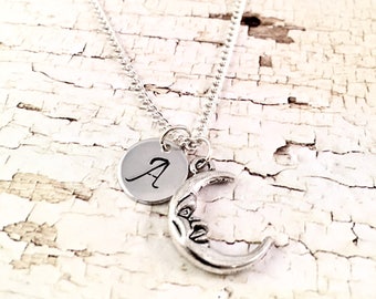 Moon necklace, crescent moon charm necklace, Initial necklace, To the moon necklace, charm necklace, silver moon, half moon, for her