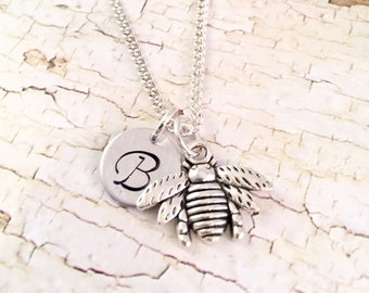 Bee necklace, bumblebee necklace, personalized jewelry, initial necklace, initial charm, little girl jewelry, queen bee charm, charm necklac