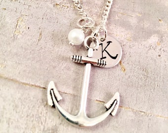 Personalized Anchor Necklace, Beach Wedding Jewelry, Initial Charm, Pearl Nautical Pendant, Bridesmaid Gift