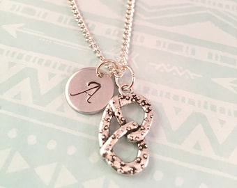 Best friend Pretzel Necklace, Pretzel Knot Charm Necklace, Initial Necklace,  Best friends gifts, Foodie, Mothers Day, Octoberfest Jewelry