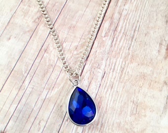 Blue Teardrop pendant Necklace,  Fancy, Dressy necklace, Formal Jewelry, Homecoming, crystal,  Pendant Royal Blue, PROM jewelry, For Mom