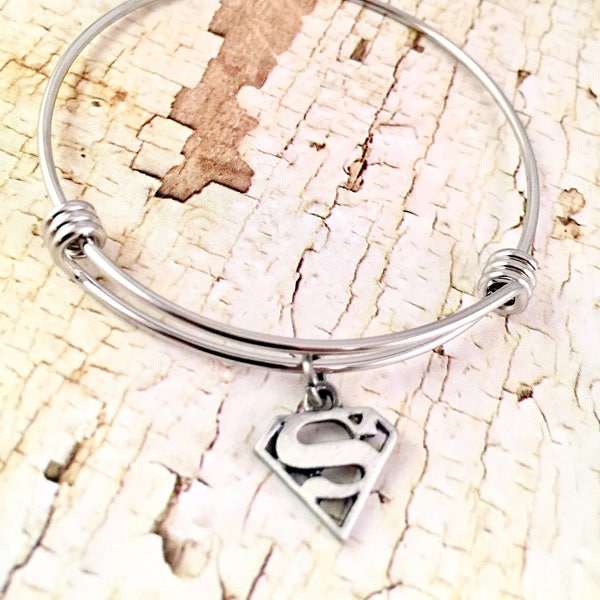 Super mom bracelet, Super man logo charm, for Teacher bangle bracelet, mother, dainty charm bracelet,  for Cancer, Nurse, Aunt, Sister