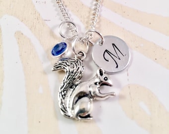 Silver Squirrel Necklace - Squirrel Charm Pendant - Personalized Necklace - Custom Gift - Squirrel Initial Necklace - Personalized Gift