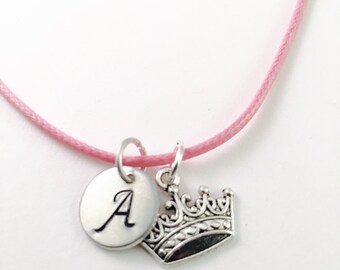 Personalized Princess crown necklace, girls charm necklace, princess charm, Disney Princess charm, pink cord necklace, initial charm