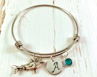 Shark bracelet, Mothers Day, Great white, Mama Shark,  jaws, whale shark, silver shark charm, initial jewelry, add a birthstone