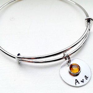 Personalized name bracelet, Name bracelet, for daughter, Swarovski birthstone, best friend, adjustable bangle, stainless steel bracelet image 1