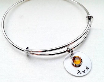 Personalized name bracelet, Name bracelet, for daughter, Swarovski birthstone, best friend, adjustable bangle, stainless steel bracelet