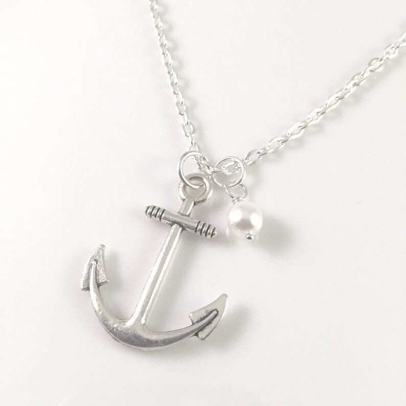 Anchor Necklace, Silver Anchor and pearl Necklace, Anchor Jewelry, Pendant, Beach Jewelry, Charm Necklace, Large Anchor, pearl jewel image 2