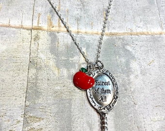 Fairytale gift, Fairest of them all necklace, snow white necklace, charm necklace, evil queen mirror, red apple, daughter gift, witch