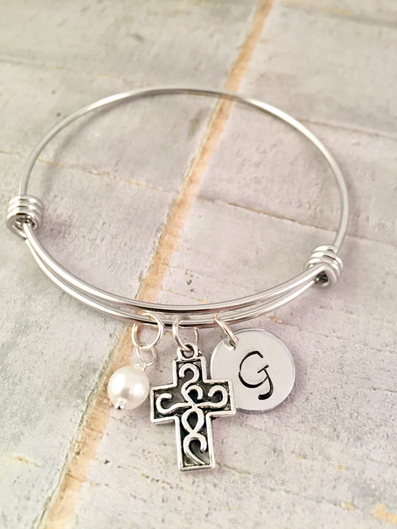 Personalized Cross Bracelet, Initial Cross bracelet, personalized cross jewelry, Confirmation, First Communion, Religious, gift for her image 1