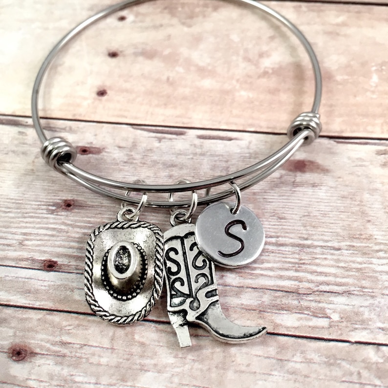 Country bracelet, Charm Bracelet, Country girl gift, cowboy Charm Bracelet, initial bracelet, adjustable bangle, stainless steel bracelet image 1