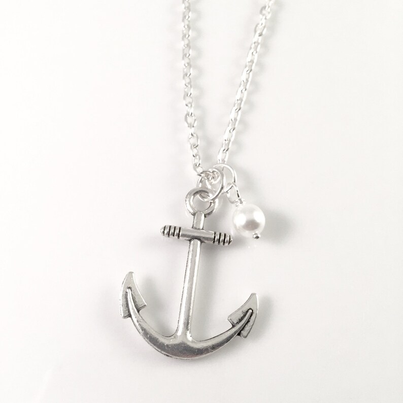 Anchor Necklace, Silver Anchor and pearl Necklace, Anchor Jewelry, Pendant, Beach Jewelry, Charm Necklace, Large Anchor, pearl jewel image 1