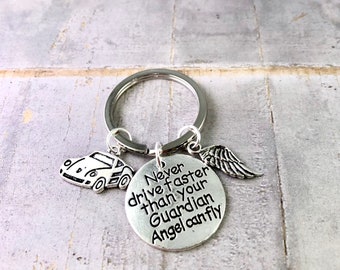 New driver keychain, gift for 16th birthday, gift for him, never drive faster than your guardian angel, car charm, angel wing charm