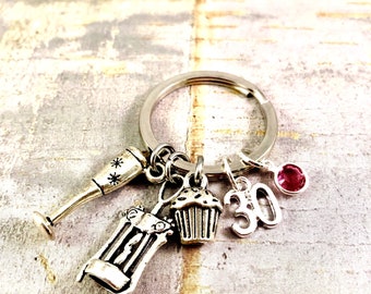 30th Birthday Gift, Wine Charm Keychain, Girlfriend birthday Gift, 21st Bday, CorkScrew Charm, Birthday Keychain, 40th, 50th,