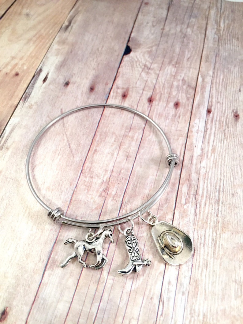 Country bracelet, western Charm Bracelet, horse charm, adjustable bangle, cow girl birthday bracelet, personalized Jewelry, gift for her image 1