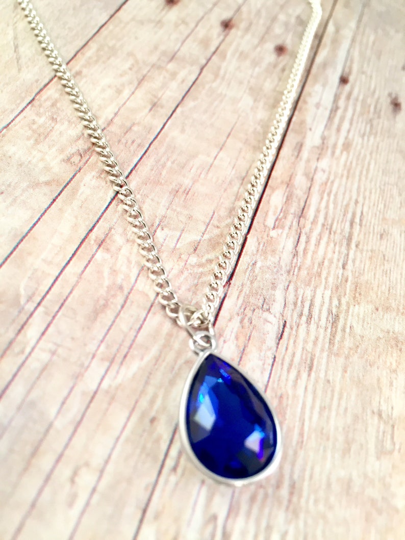 Blue Teardrop pendant Necklace, Fancy, Dressy necklace, Formal Jewelry, Homecoming, crystal, Pendant Royal Blue, PROM jewelry, For Mom image 2
