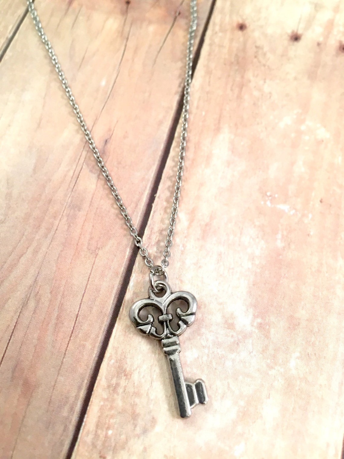 Key Necklace Antique Silver Key Charm Necklace Key Charm Etsy