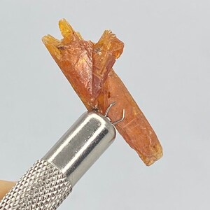 Può includere: Primo piano di un piccolo cristallo rosso-arancione tenuto da una pinza. Il cristallo è traslucido e ha una superficie ruvida e irregolare.