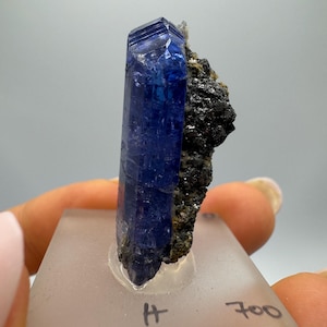 Könnte beinhalten: Ein lebendiges blaues Tansanit-Kristall-Exemplar. Der Kristall ist ein tiefes, sattes Blau mit einer facettierten, rechteckigen Form. Er ist an einer dunklen, rauen Matrix befestigt. Das Exemplar ist auf einem transparenten, rechteckigen Sockel montiert.