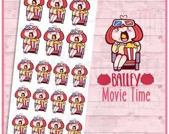 Bailey Movie Time || Planner Stickers, Cute Stickers for Erin Condren (ECLP), Filofax, Kikki K, Etc. || B15