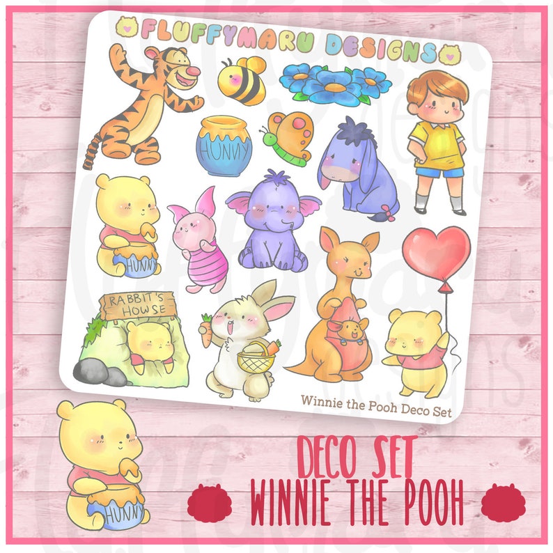 Winnie the Pooh Deco Set Planner Stickers, Cute Stickers for Erin Condren ECLP, Filofax, Kikki K, Etc. DS45 image 1