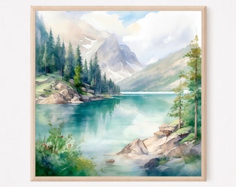 Lake Braies Watercolor Print: Mountain Landscape Wall Art