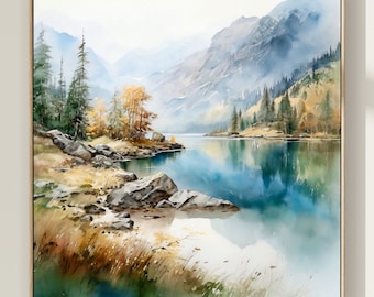 Mountain Lake Watercolor Art Print: Square Landscape Painting
