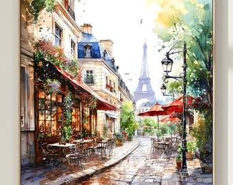 Paris Cafe Watercolor Art Print: Eiffel Tower Cityscape