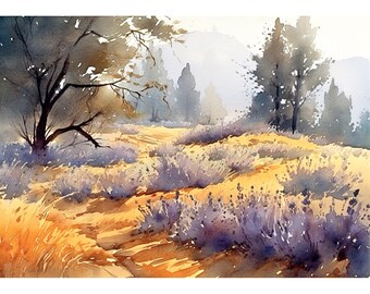 Lavender Field Watercolor Print: French Country Farmhouse Art