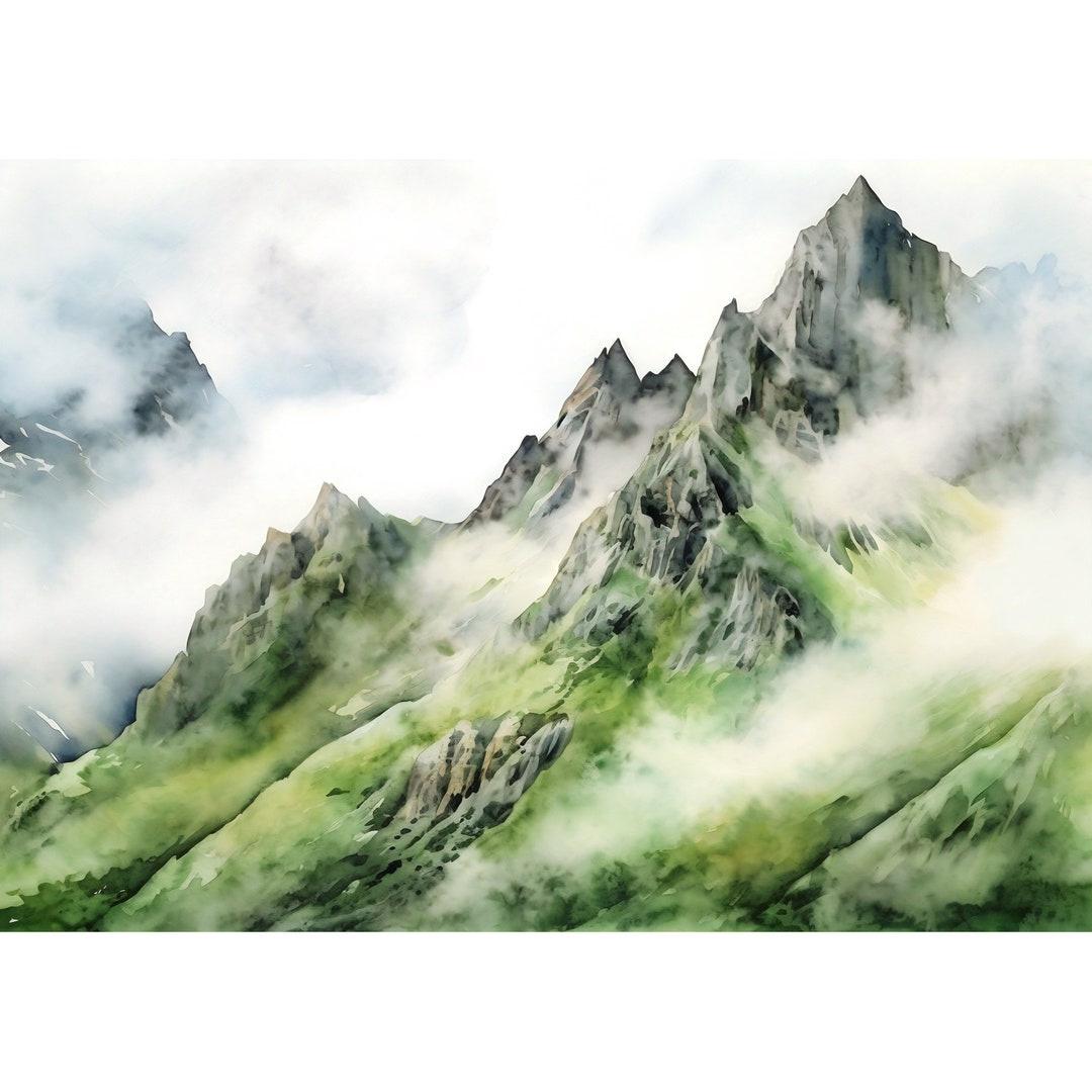 Misty Mountain Landscape Watercolor Painting Art Print Home Decor Gift ...