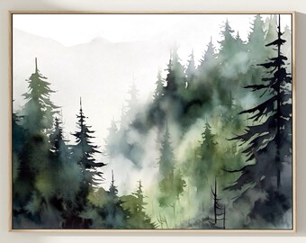Appalachian Mountains Watercolor Print: Misty Pine Forest Art