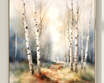 May include: A watercolour painting of a path through a birch wood. The trees are white with black markings and the path is a light brown colour. The background is a soft blue and white.