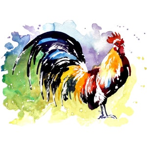 Watercolor PNG, JPG Rooster" Printable Digital Download for Cards, Scrapbook, DIY Projects, Hand Painted Clip Art