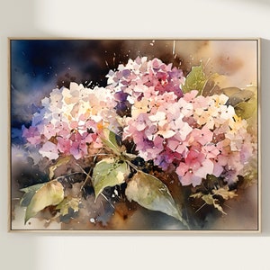 Hydrangea Print, Watercolor Pink Flower Print, Botanical Print, Hydrangea Painting, Hydrangea Horizontal Wall Art, Home Decor Gift