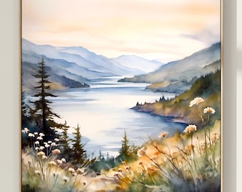 Mountain Lake Watercolor Print: Abstract Landscape Art