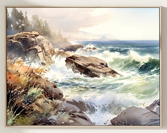 Stormy Ocean Watercolor Seascape Art Print: Coastal Wall Art
