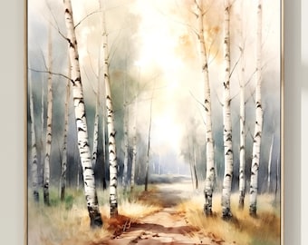 May include: A watercolour painting depicting a birch tree forest with a path leading into the woods. The trees are painted in shades of white, grey, and brown, and the path is a light brown colour. The background is a soft, hazy blue.