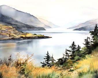 May include: A watercolor painting of a mountain landscape with a river flowing through it. The mountains are a soft blue-grey color, and the river is a light blue. There are trees on the banks of the river, and the sky is a light blue.