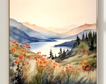 Watercolor Mountain Lake Print: Abstract Landscape Art